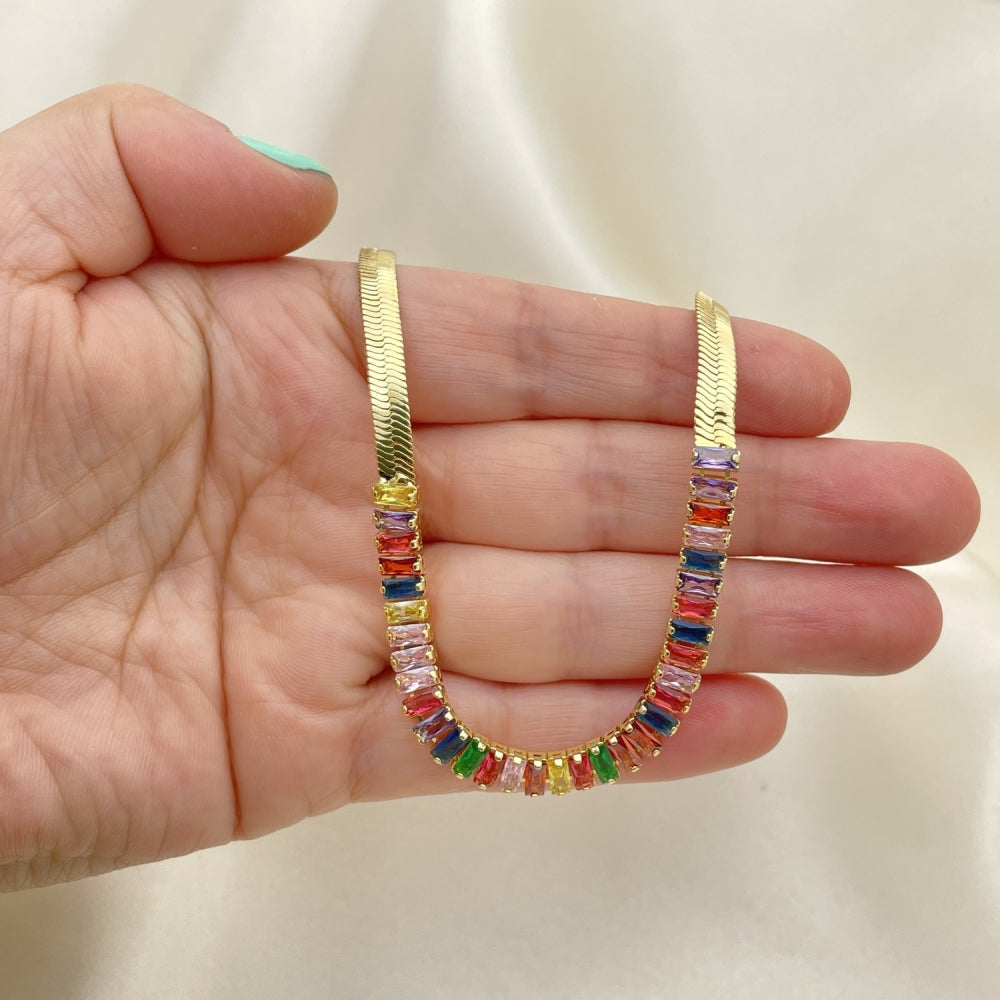 Oro Laminado Fancy Necklace, Gold Filled Style Baguette Design, with Multicolor Cubic Zirconia, Polished, Golden Finish