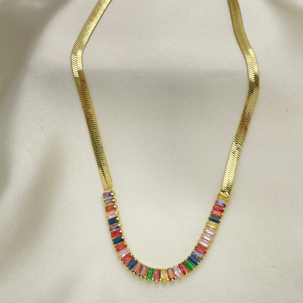 Oro Laminado Fancy Necklace, Gold Filled Style Baguette Design, with Multicolor Cubic Zirconia, Polished, Golden Finish