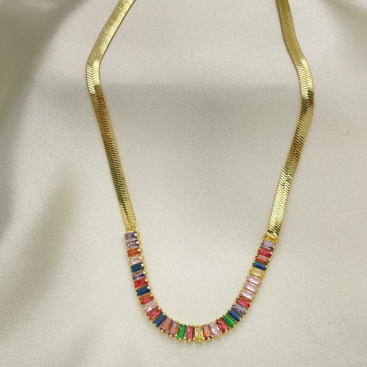 Oro Laminado Fancy Necklace, Gold Filled Style Baguette Design, with Multicolor Cubic Zirconia, Polished, Golden Finish