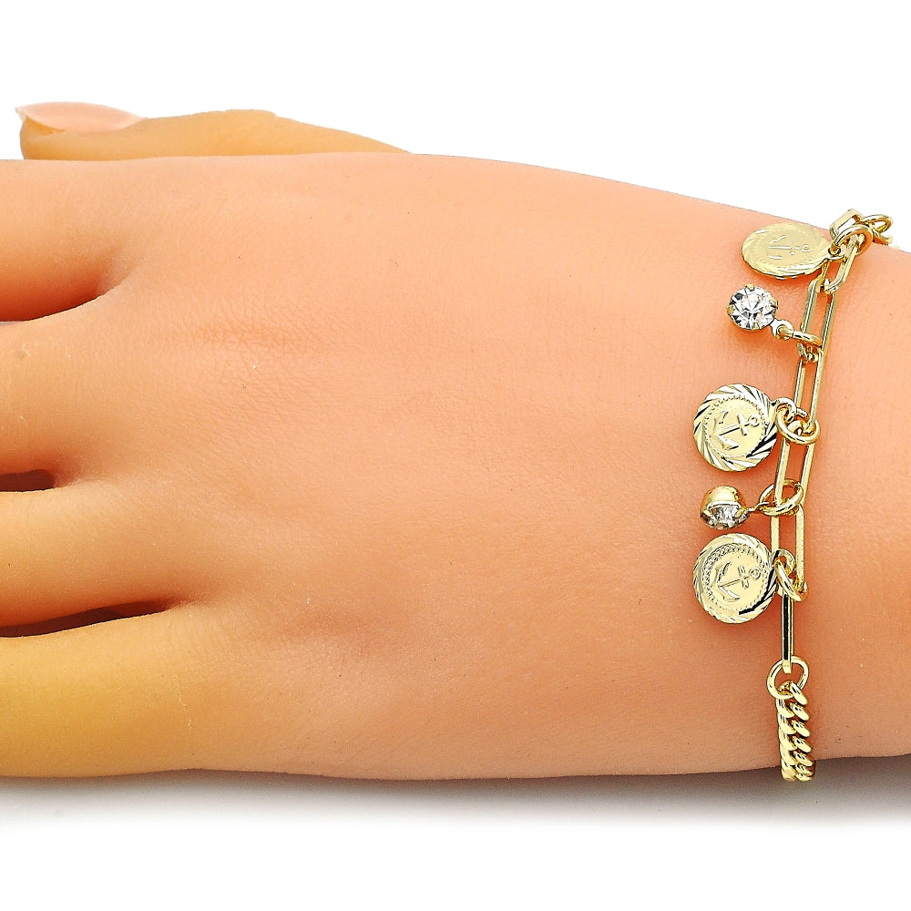 Oro Laminado Charm Bracelet, Gold Filled Style Anchor and Paperclip Design, with White Crystal, Polished, Golden Finish