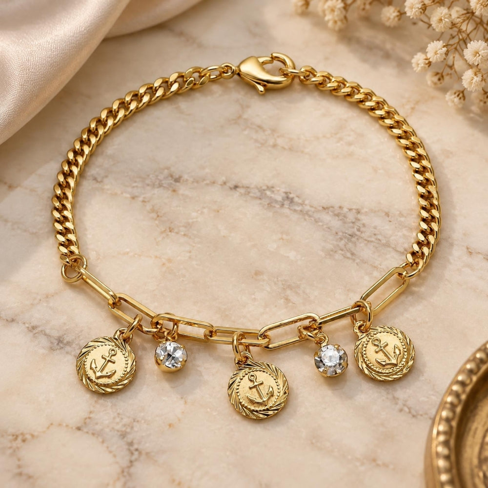 Oro Laminado Charm Bracelet, Gold Filled Style Anchor and Paperclip Design, with White Crystal, Polished, Golden Finish