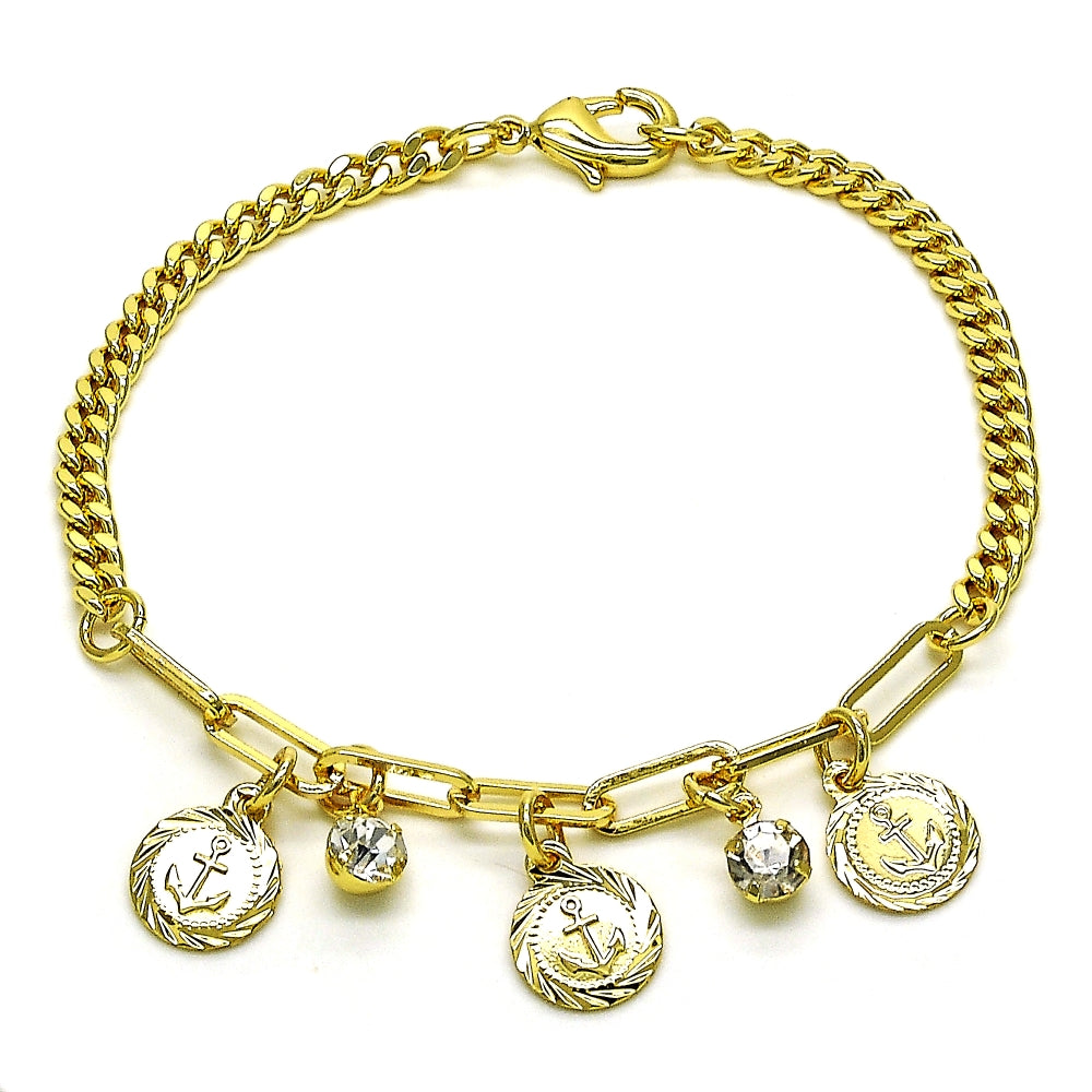 Oro Laminado Charm Bracelet, Gold Filled Style Anchor and Paperclip Design, with White Crystal, Polished, Golden Finish