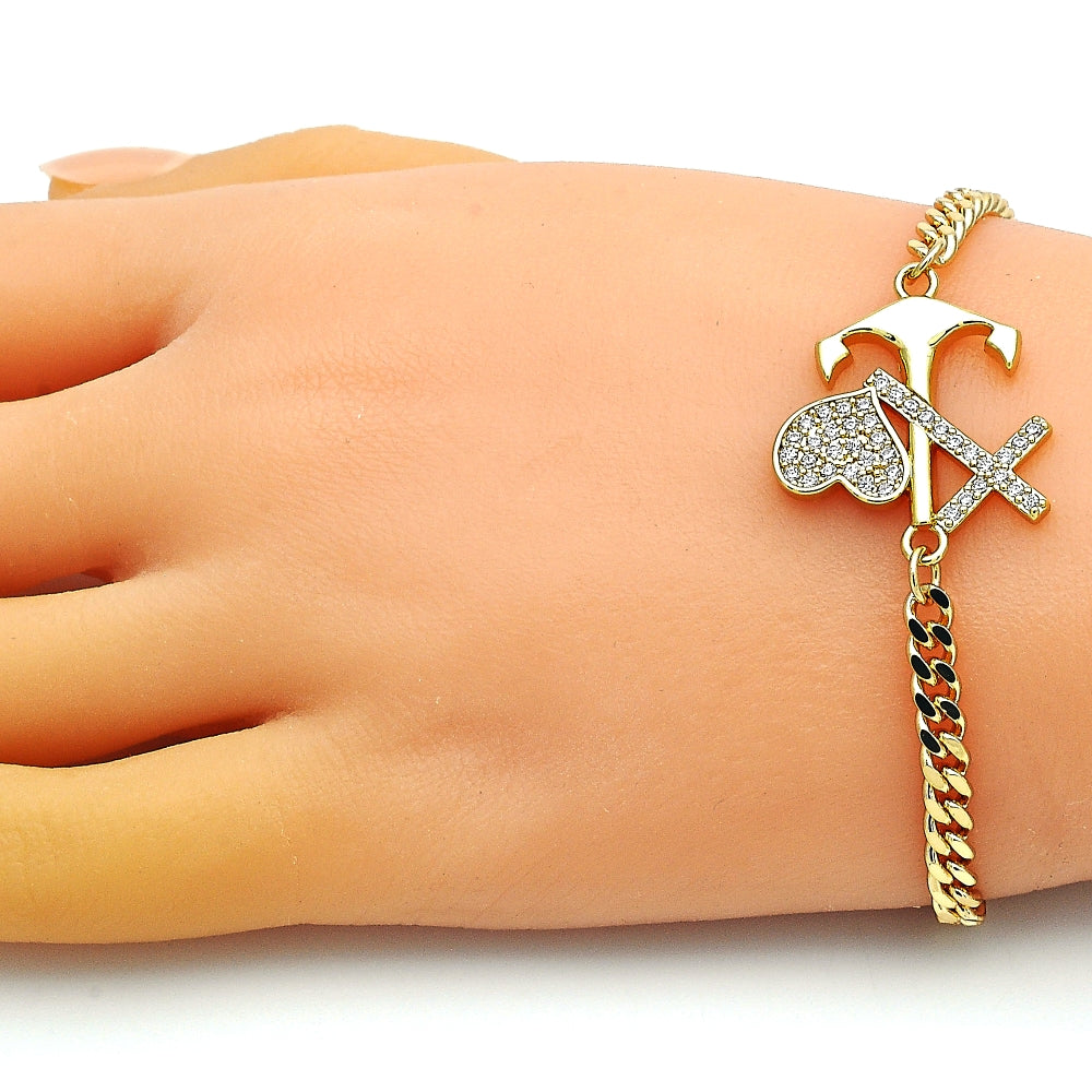 Oro Laminado Fancy Bracelet, Gold Filled Style Anchor and Cross Design, with White Micro Pave, Polished, Golden Finish