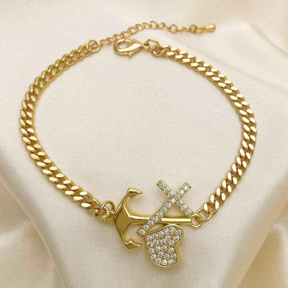 Oro Laminado Fancy Bracelet, Gold Filled Style Anchor and Cross Design, with White Micro Pave, Polished, Golden Finish