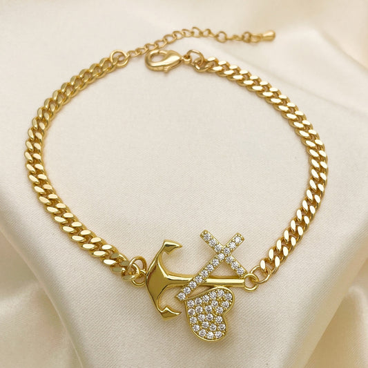 Oro Laminado Fancy Bracelet, Gold Filled Style Anchor and Cross Design, with White Micro Pave, Polished, Golden Finish