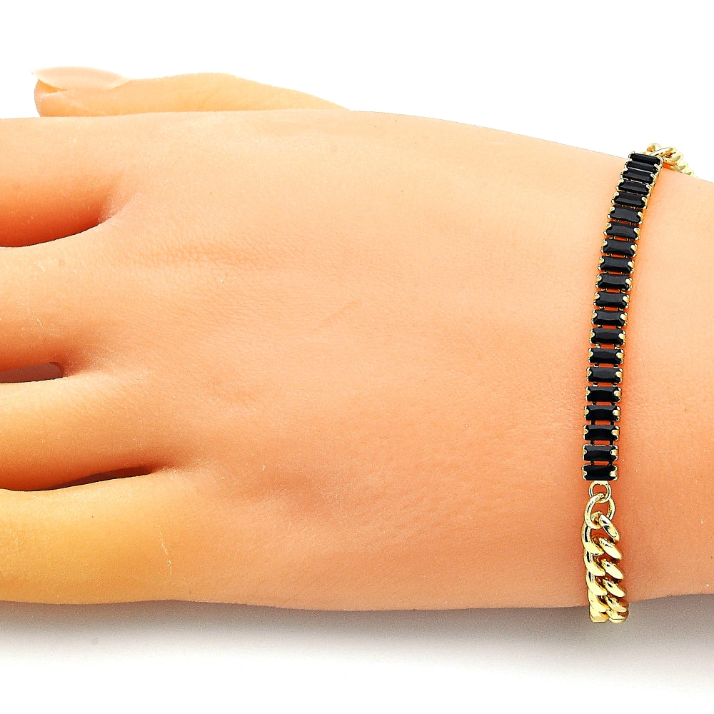 Oro Laminado Fancy Bracelet, Gold Filled Style Miami Cuban and Baguette Design, with Black Cubic Zirconia, Polished, Golden Finish