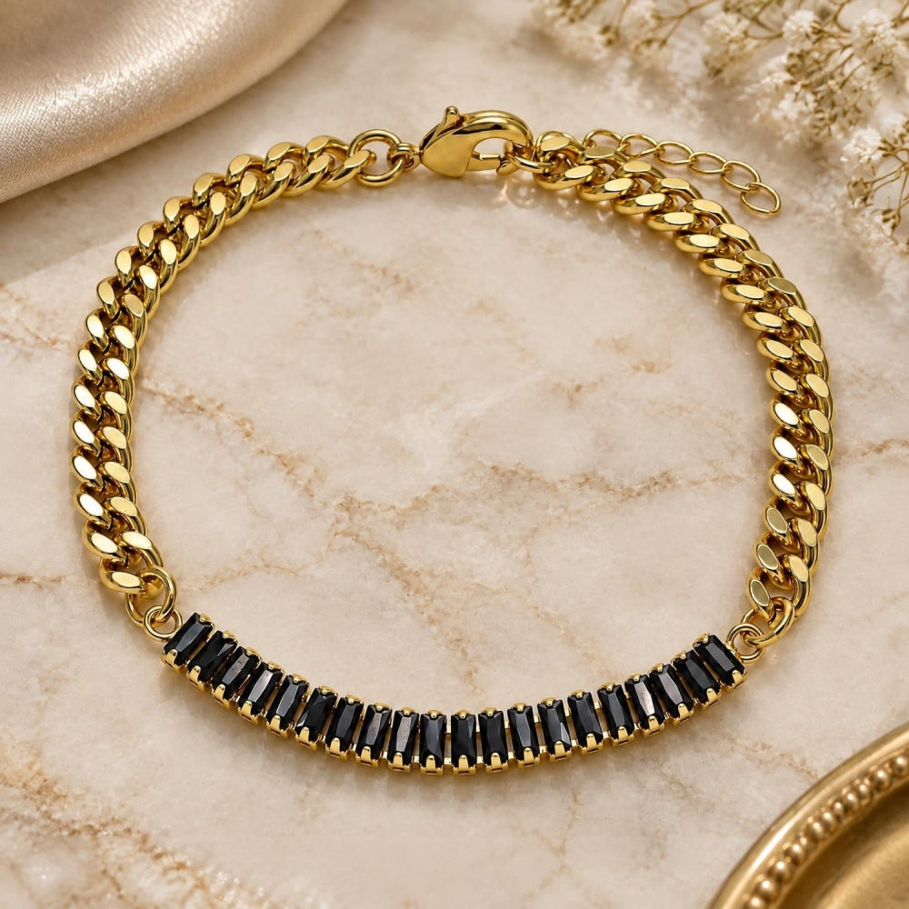 Oro Laminado Fancy Bracelet, Gold Filled Style Miami Cuban and Baguette Design, with Black Cubic Zirconia, Polished, Golden Finish