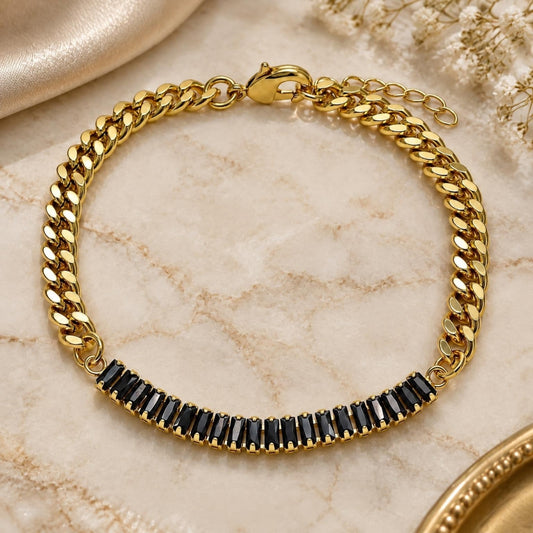 Oro Laminado Fancy Bracelet, Gold Filled Style Miami Cuban and Baguette Design, with Black Cubic Zirconia, Polished, Golden Finish