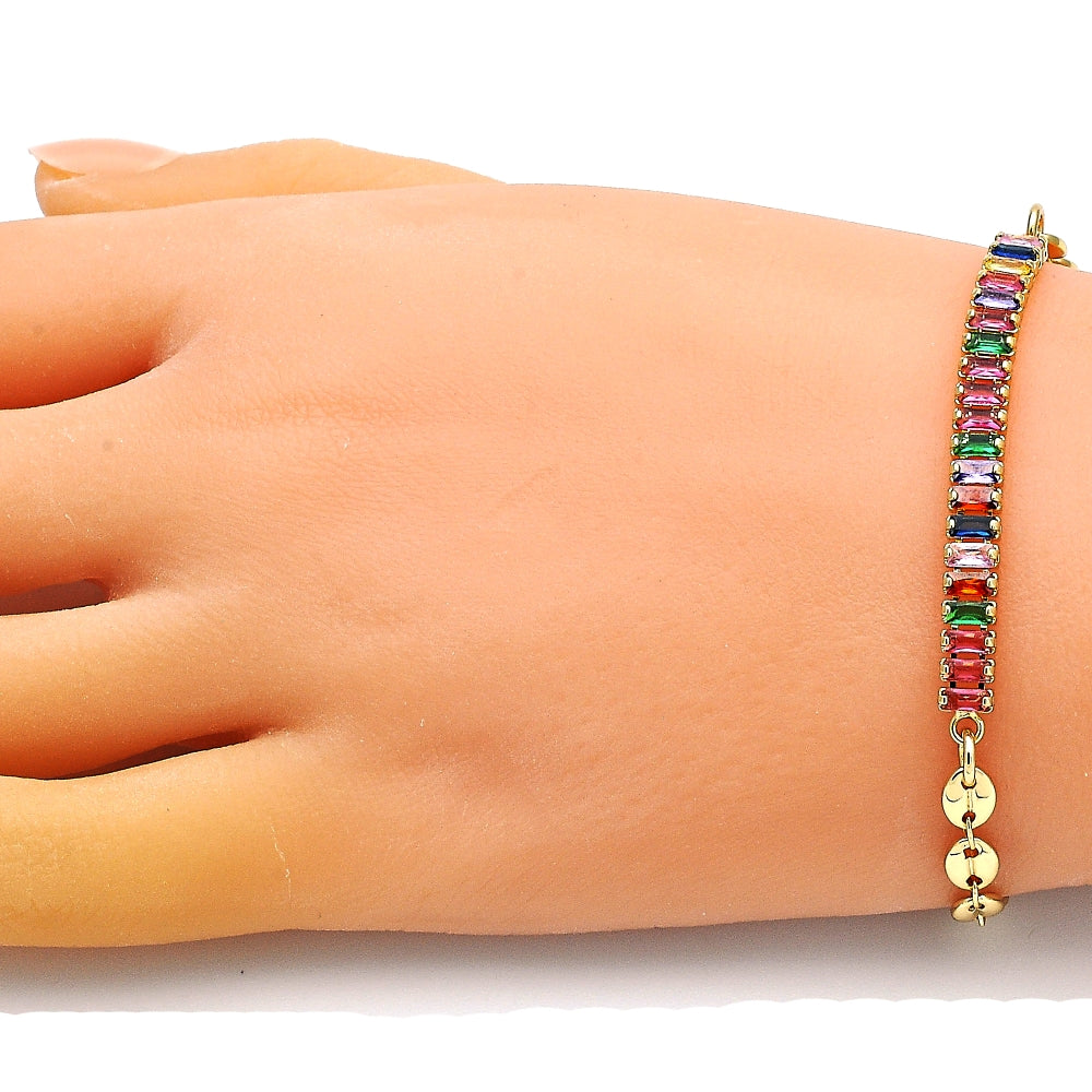 Oro Laminado Fancy Bracelet, Gold Filled Style Puff Mariner and Baguette Design, with Multicolor Cubic Zirconia, Polished, Golden Finish