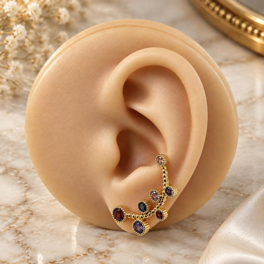 Oro Laminado Earcuff, Gold Filled Style with Multicolor Cubic Zirconia, Polished, Golden Finish