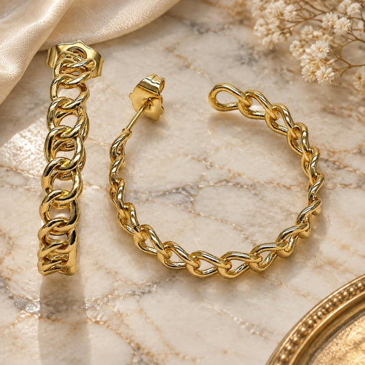 Oro Laminado Medium Hoop, Gold Filled Style Curb Design, Polished, Golden Finish