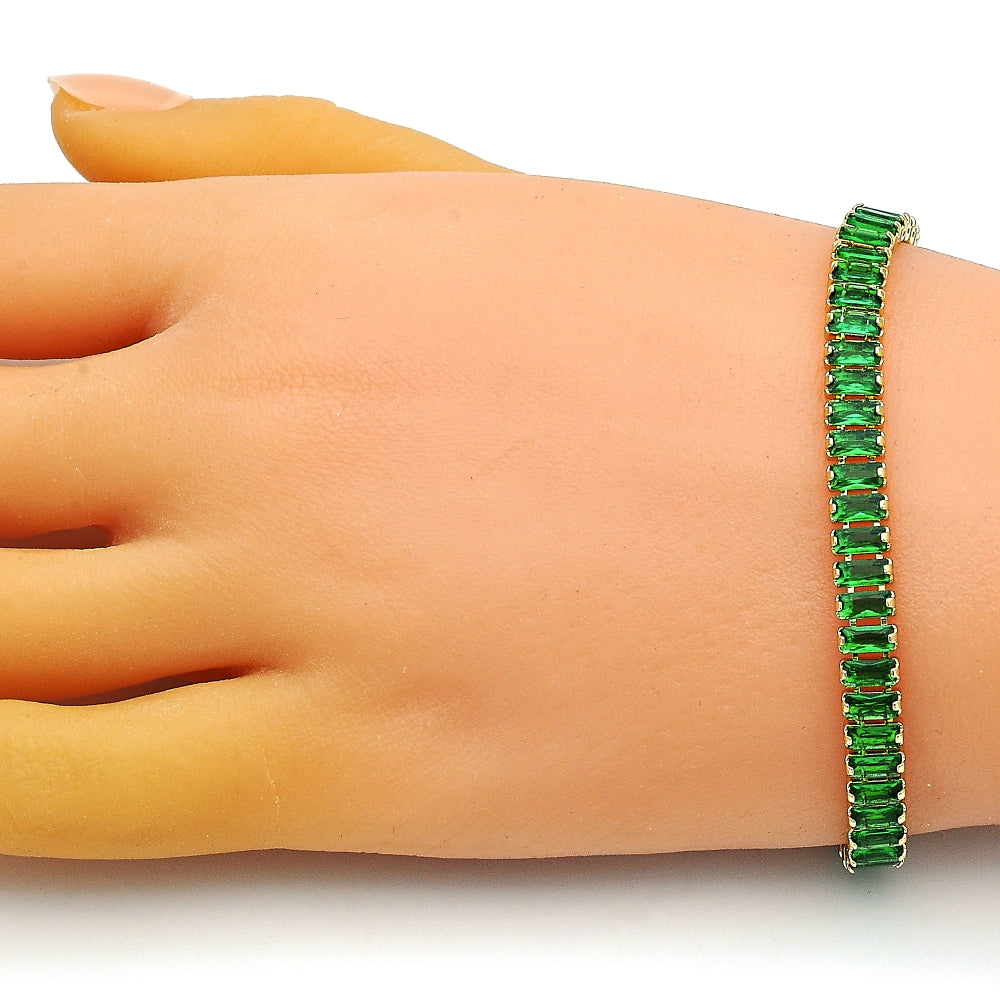 Oro Laminado Tennis Bracelet, Gold Filled Style Baguette Design, with Green Cubic Zirconia, Polished, Golden Finish