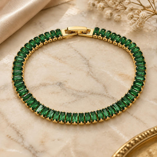 Oro Laminado Tennis Bracelet, Gold Filled Style Baguette Design, with Green Cubic Zirconia, Polished, Golden Finish