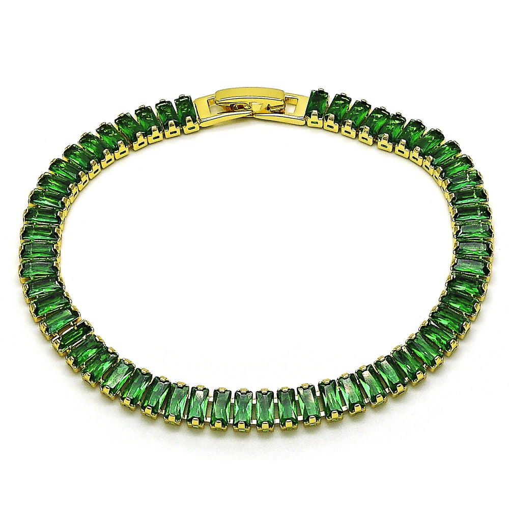 Oro Laminado Tennis Bracelet, Gold Filled Style Baguette Design, with Green Cubic Zirconia, Polished, Golden Finish