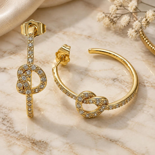 Oro Laminado Medium Hoop, Gold Filled Style Love Knot Design, with White Micro Pave, Polished, Golden Finish