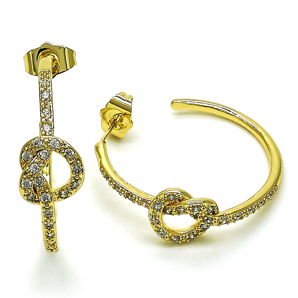 Oro Laminado Medium Hoop, Gold Filled Style Love Knot Design, with White Micro Pave, Polished, Golden Finish