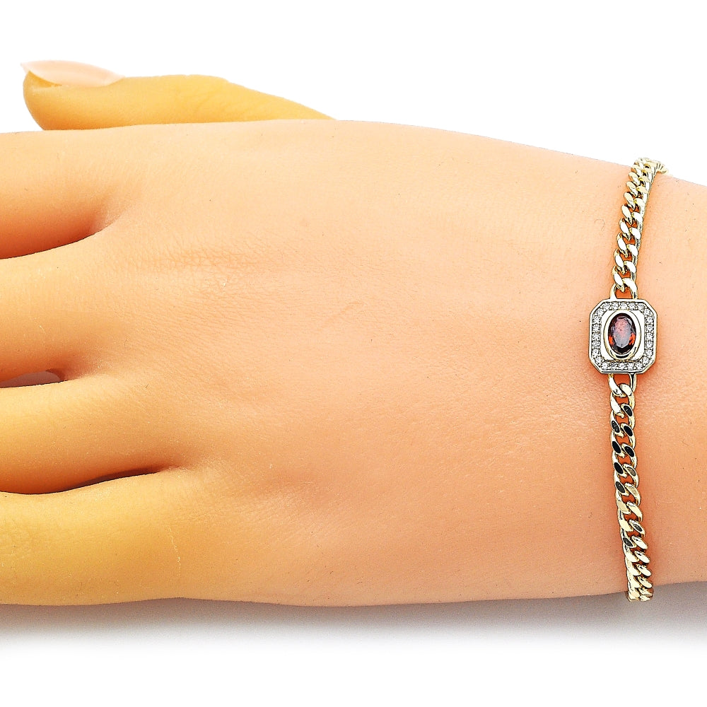 Oro Laminado Fancy Bracelet, Gold Filled Style Miami Cuban Design, with Garnet Cubic Zirconia and White Micro Pave, Polished, Golden Finish