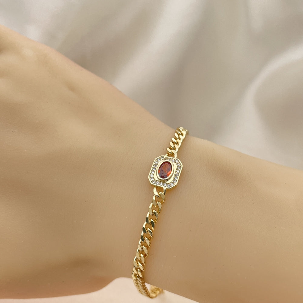 Oro Laminado Fancy Bracelet, Gold Filled Style Miami Cuban Design, with Garnet Cubic Zirconia and White Micro Pave, Polished, Golden Finish