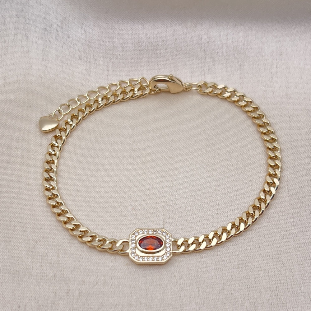 Oro Laminado Fancy Bracelet, Gold Filled Style Miami Cuban Design, with Garnet Cubic Zirconia and White Micro Pave, Polished, Golden Finish