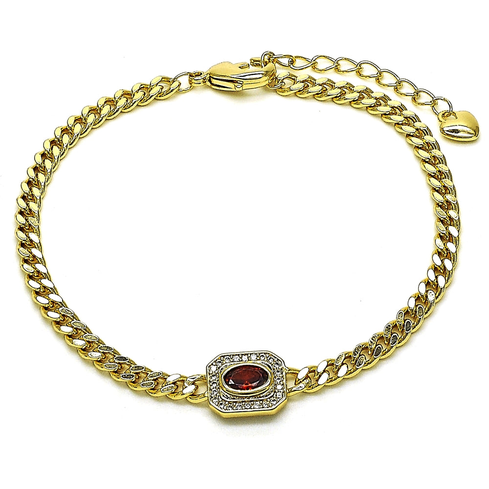 Oro Laminado Fancy Bracelet, Gold Filled Style Miami Cuban Design, with Garnet Cubic Zirconia and White Micro Pave, Polished, Golden Finish