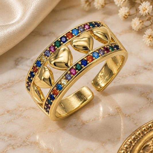 Oro Laminado Multi Stone Ring, Gold Filled Style Heart Design, with Multicolor Micro Pave, Polished, Golden Finish