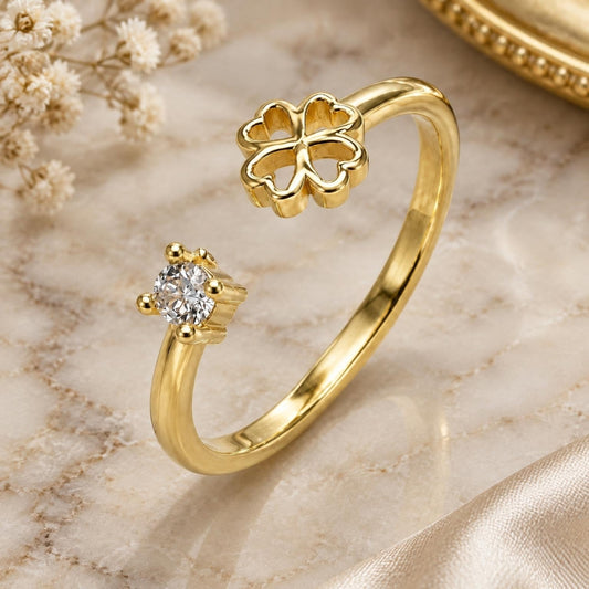 Oro Laminado Multi Stone Ring, Gold Filled Style Four-leaf Clover Design, with White Cubic Zirconia, Polished, Golden Finish