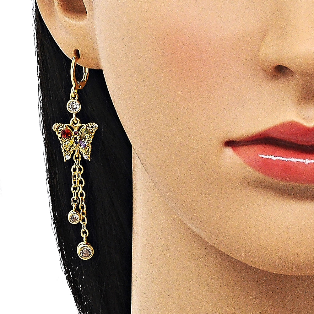 Oro Laminado Long Earring, Gold Filled Style Butterfly and Rolo Design, with Multicolor Cubic Zirconia and Multicolor Micro Pave, Polished, Golden Finish