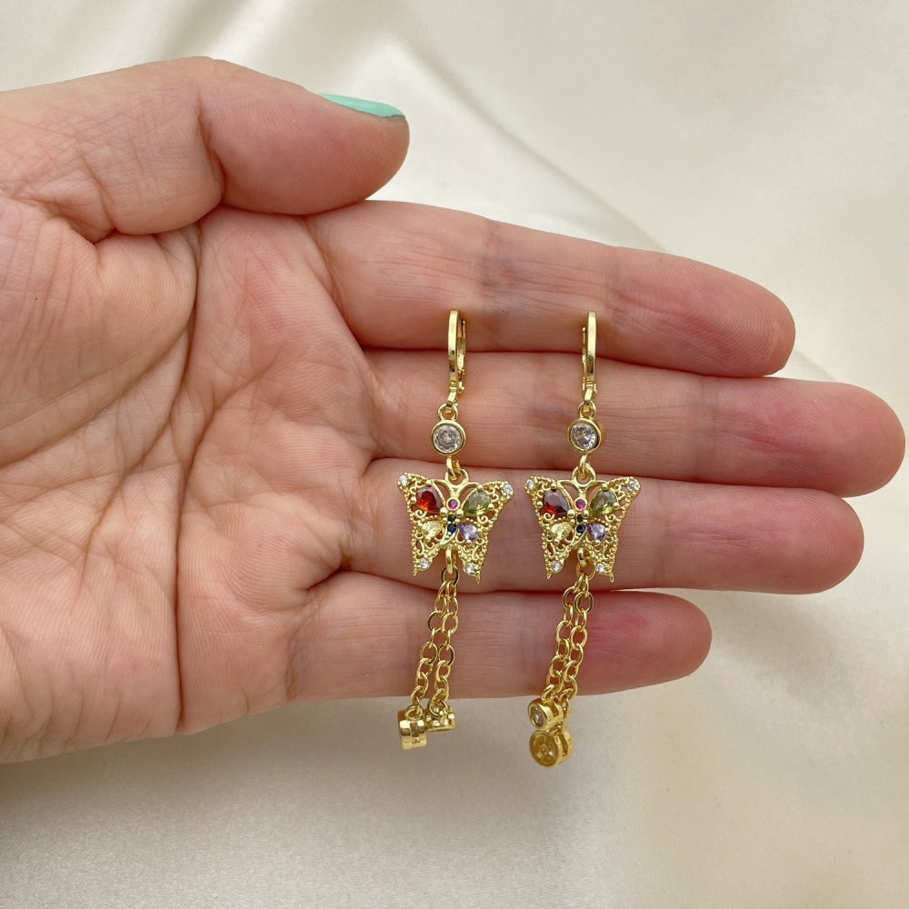 Oro Laminado Long Earring, Gold Filled Style Butterfly and Rolo Design, with Multicolor Cubic Zirconia and Multicolor Micro Pave, Polished, Golden Finish