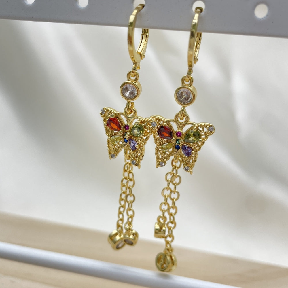 Oro Laminado Long Earring, Gold Filled Style Butterfly and Rolo Design, with Multicolor Cubic Zirconia and Multicolor Micro Pave, Polished, Golden Finish