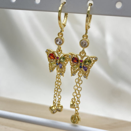 Oro Laminado Long Earring, Gold Filled Style Butterfly and Rolo Design, with Multicolor Cubic Zirconia and Multicolor Micro Pave, Polished, Golden Finish