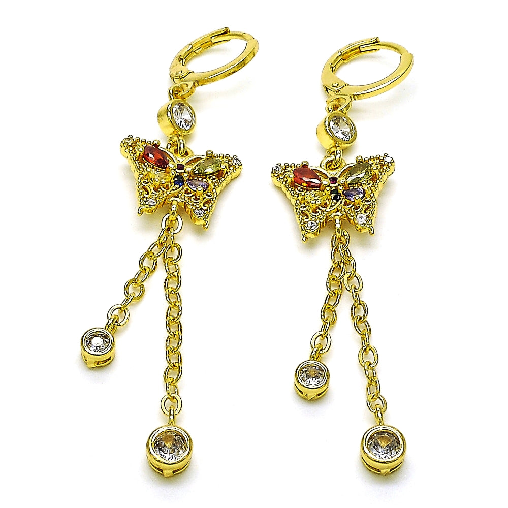 Oro Laminado Long Earring, Gold Filled Style Butterfly and Rolo Design, with Multicolor Cubic Zirconia and Multicolor Micro Pave, Polished, Golden Finish