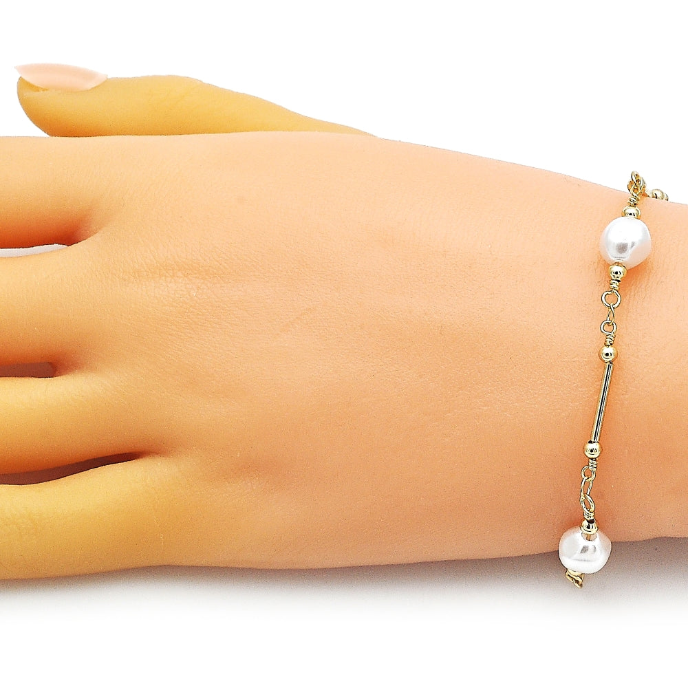 Oro Laminado Fancy Bracelet, Gold Filled Style Ball and Love Design, with Ivory Pearl, Polished, Golden Finish
