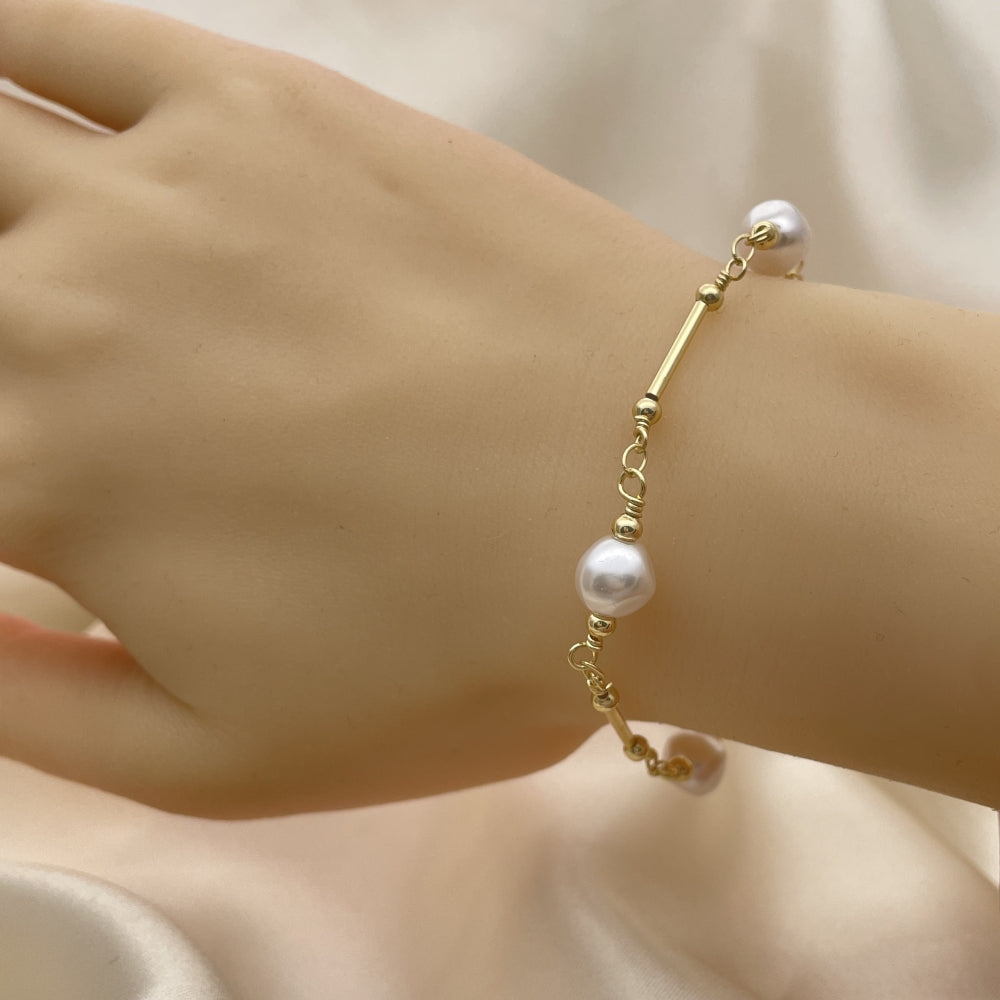 Oro Laminado Fancy Bracelet, Gold Filled Style Ball and Love Design, with Ivory Pearl, Polished, Golden Finish
