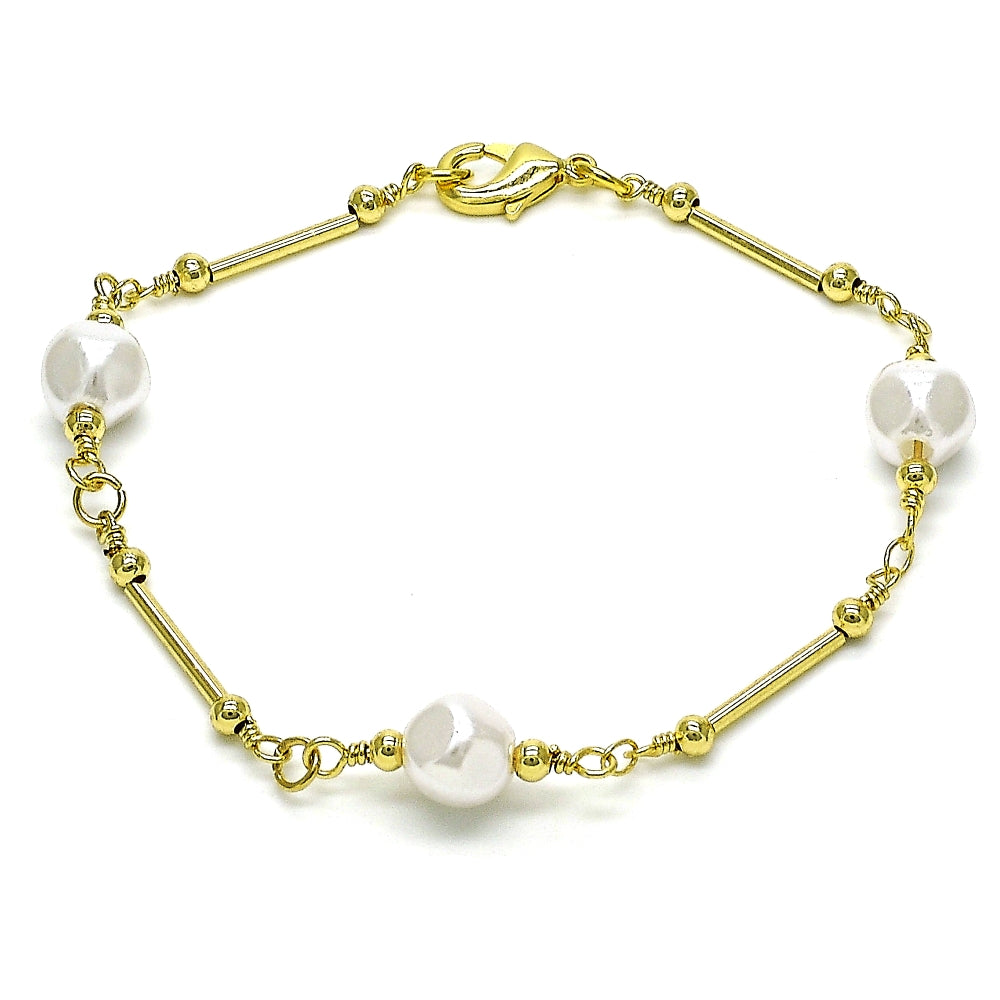Oro Laminado Fancy Bracelet, Gold Filled Style Ball and Love Design, with Ivory Pearl, Polished, Golden Finish