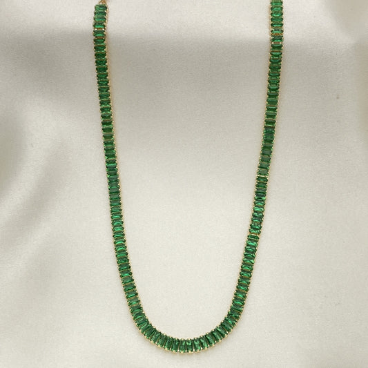 Oro Laminado Fancy Necklace, Gold Filled Style Baguette Design, with Green Cubic Zirconia, Polished, Golden Finish