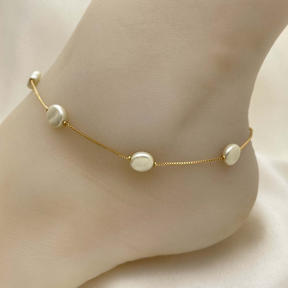 Oro Laminado Basic Anklet, Gold Filled Style Box Design, with Ivory Pearl, White Polished, Golden Finish