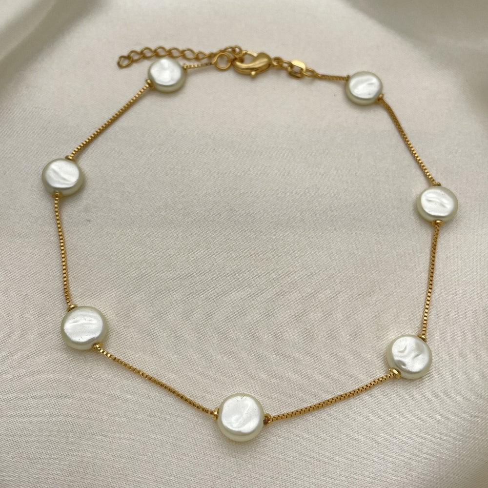 Oro Laminado Basic Anklet, Gold Filled Style Box Design, with Ivory Pearl, White Polished, Golden Finish