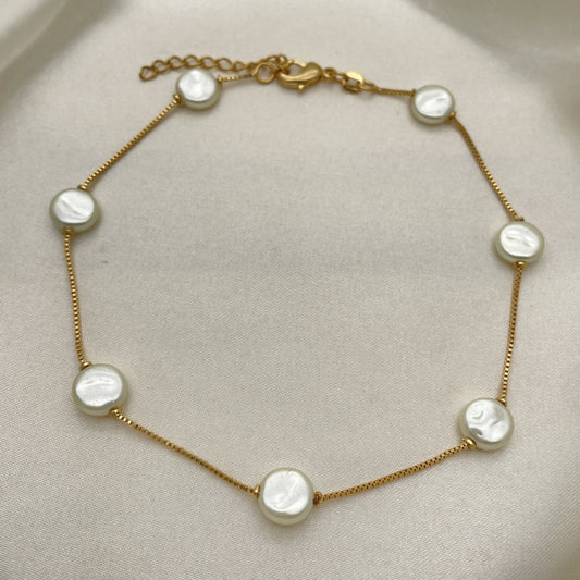 Oro Laminado Basic Anklet, Gold Filled Style Box Design, with Ivory Pearl, White Polished, Golden Finish