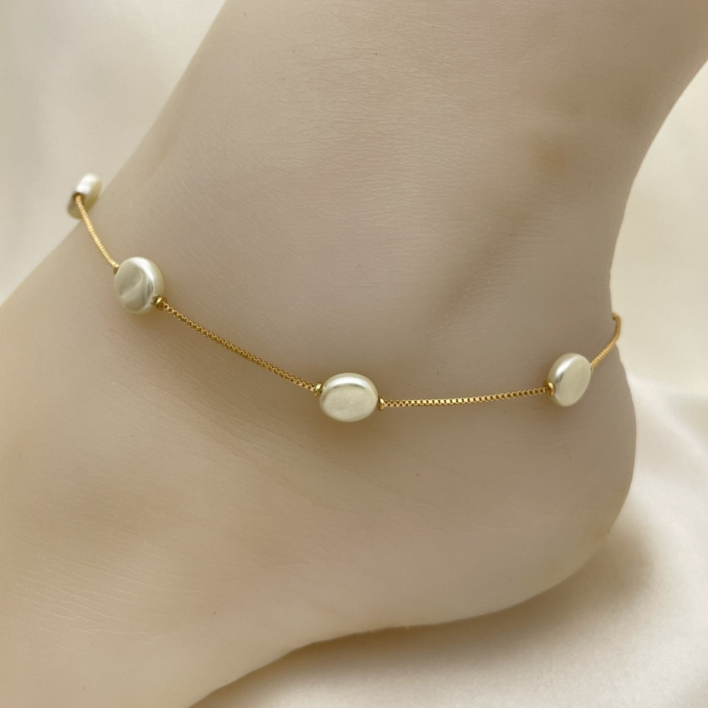 Oro Laminado Basic Anklet, Gold Filled Style Box Design, with Ivory Pearl, White Polished, Golden Finish