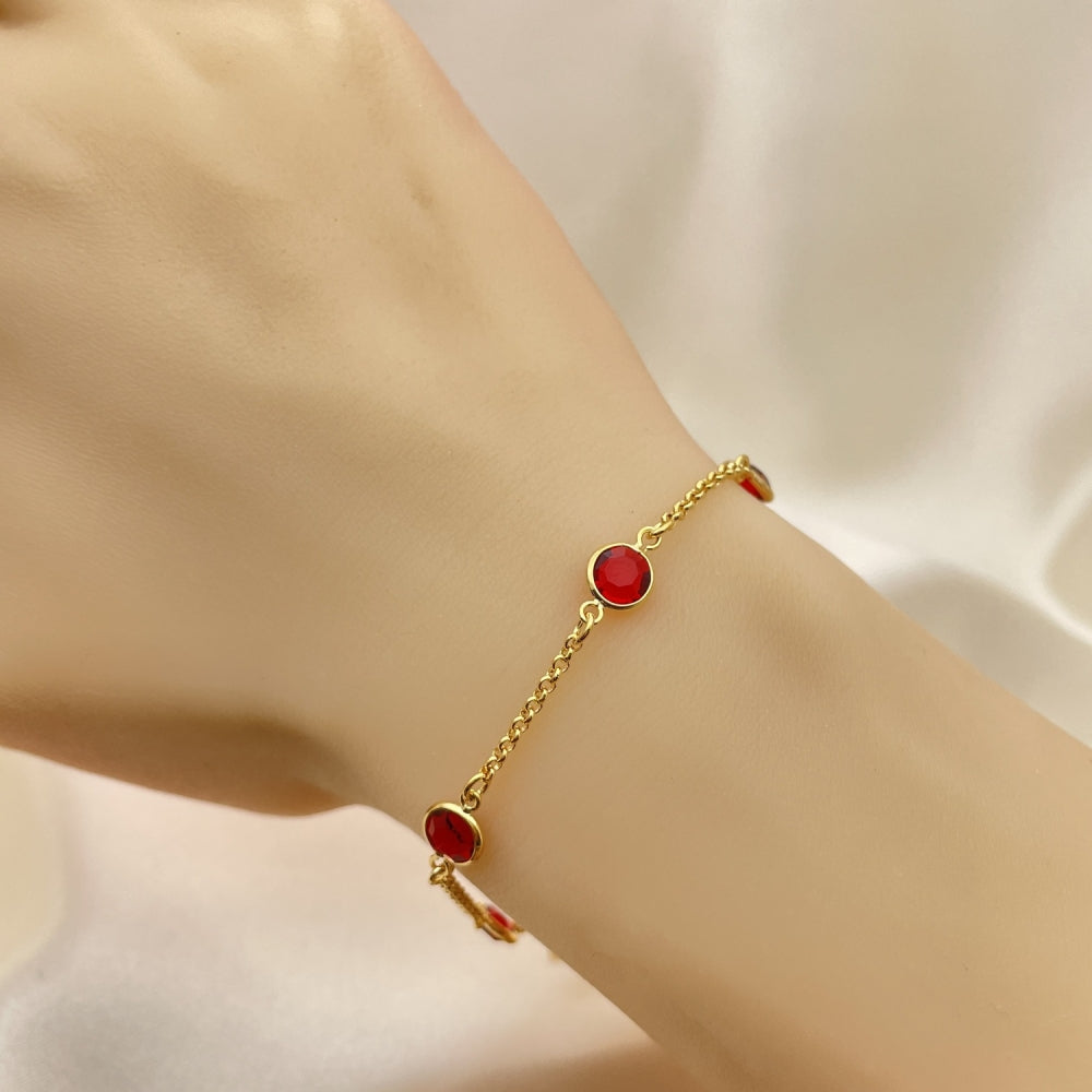Oro Laminado Basic Bracelet, Gold Filled Style Paperclip Design, with Ruby Crystal, Polished, Golden Finish