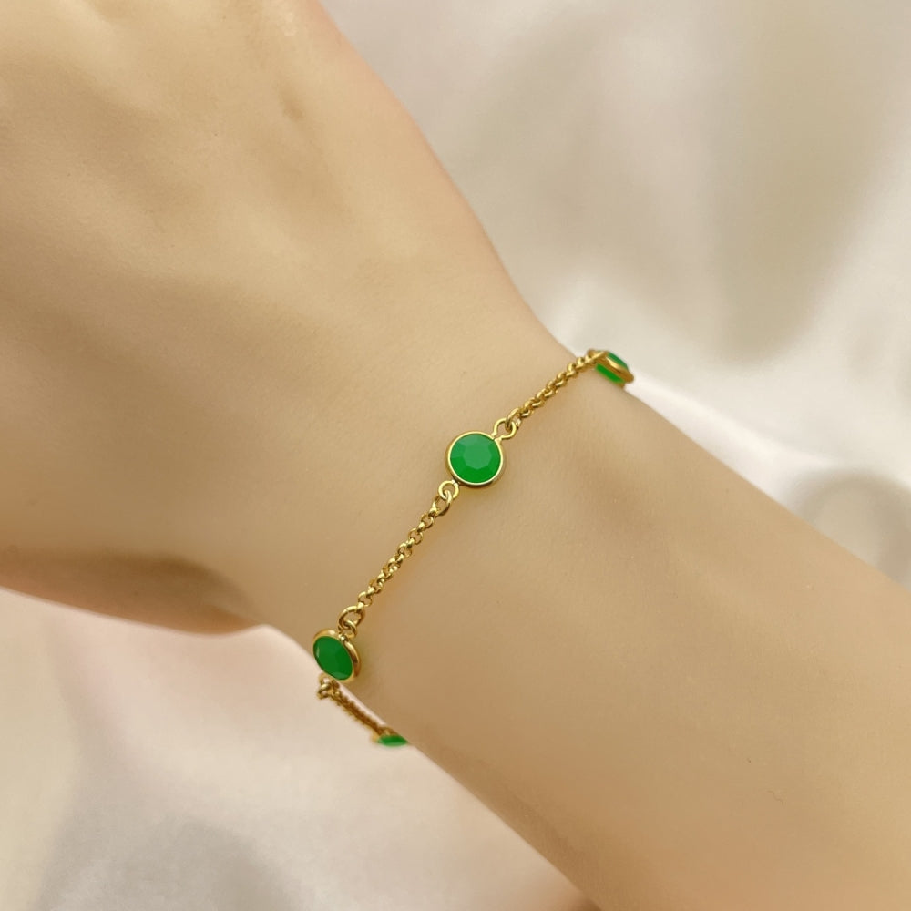 Oro Laminado Basic Bracelet, Gold Filled Style Paperclip Design, with Green Crystal, Polished, Golden Finish