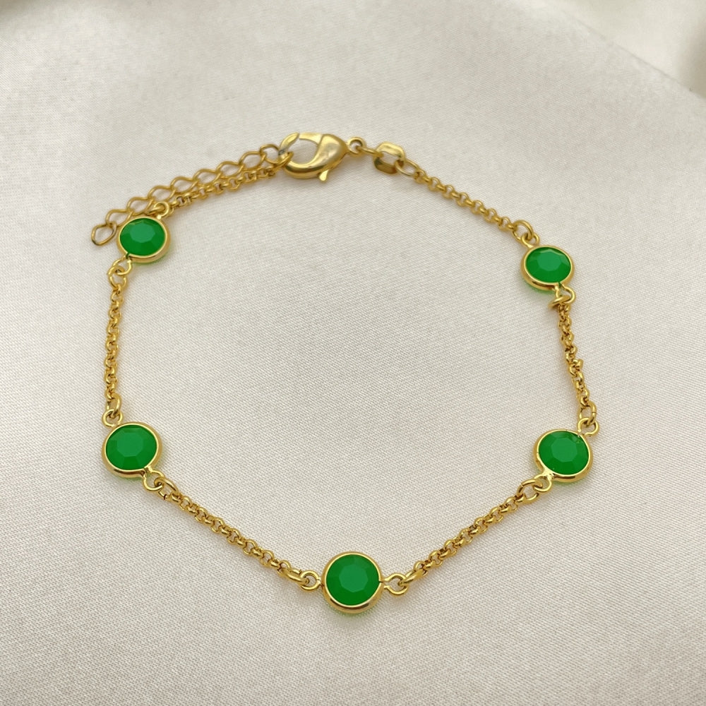 Oro Laminado Basic Bracelet, Gold Filled Style Paperclip Design, with Green Crystal, Polished, Golden Finish
