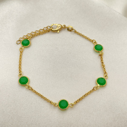 Oro Laminado Basic Bracelet, Gold Filled Style Paperclip Design, with Green Crystal, Polished, Golden Finish