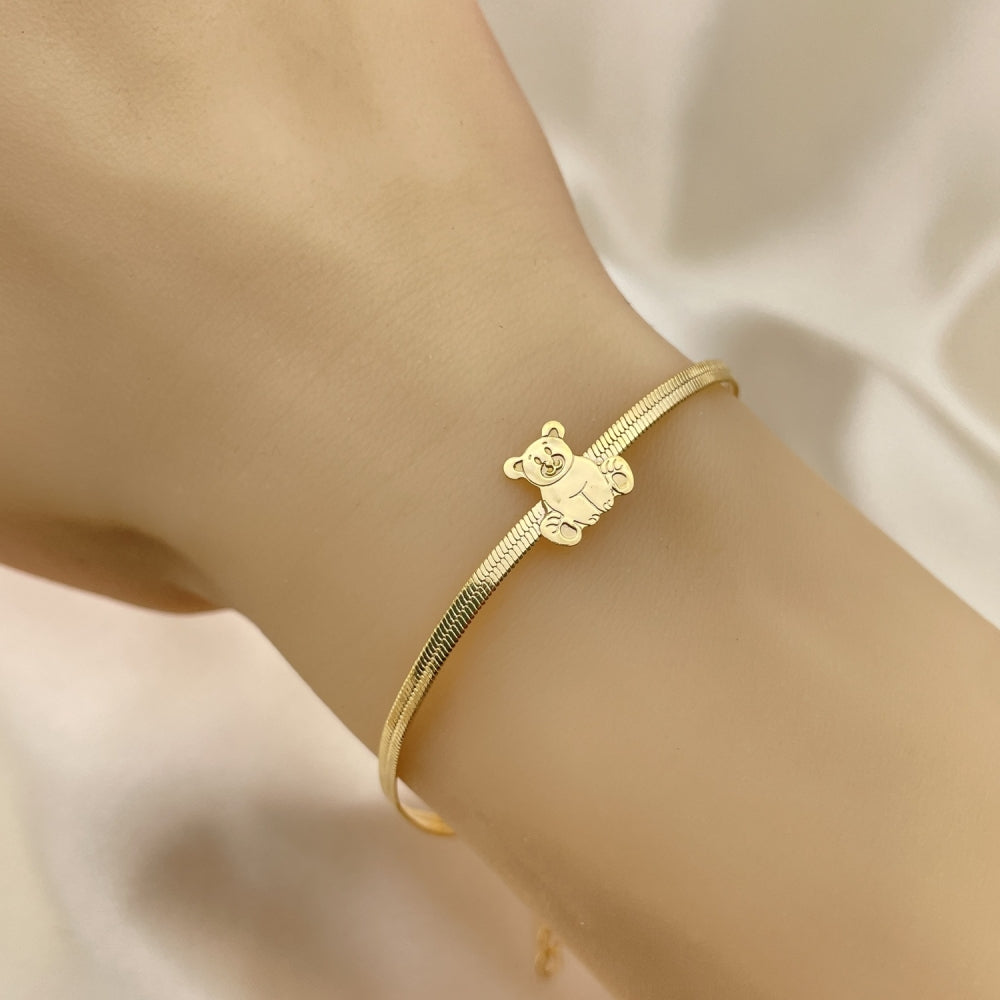 Oro Laminado Basic Bracelet, Gold Filled Style Teddy Bear and Herringbone Design, Polished, Golden Finish
