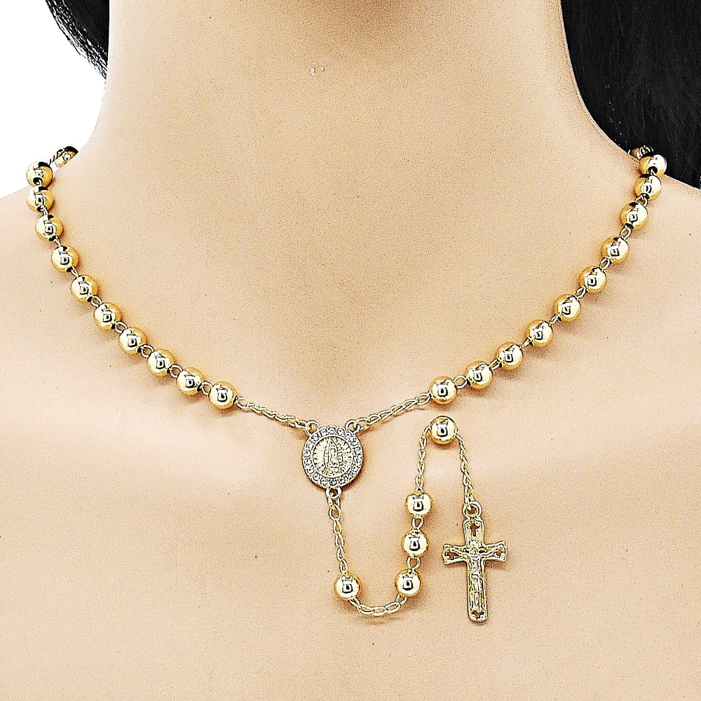 Oro Laminado Medium Rosary, Gold Filled Style Guadalupe and Crucifix Design, with White Crystal, Polished, Golden Finish
