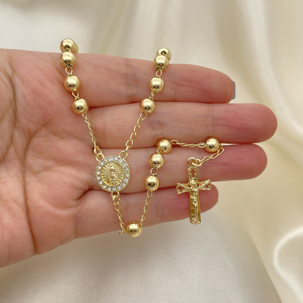 Oro Laminado Medium Rosary, Gold Filled Style Guadalupe and Crucifix Design, with White Crystal, Polished, Golden Finish