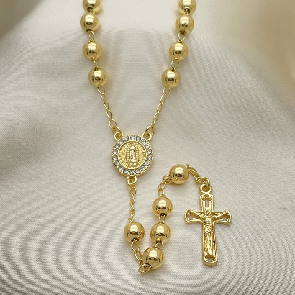 Oro Laminado Medium Rosary, Gold Filled Style Guadalupe and Crucifix Design, with White Crystal, Polished, Golden Finish
