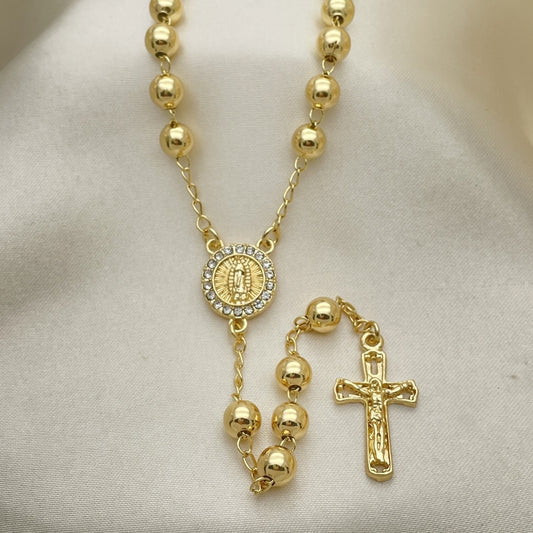 Oro Laminado Medium Rosary, Gold Filled Style Guadalupe and Crucifix Design, with White Crystal, Polished, Golden Finish