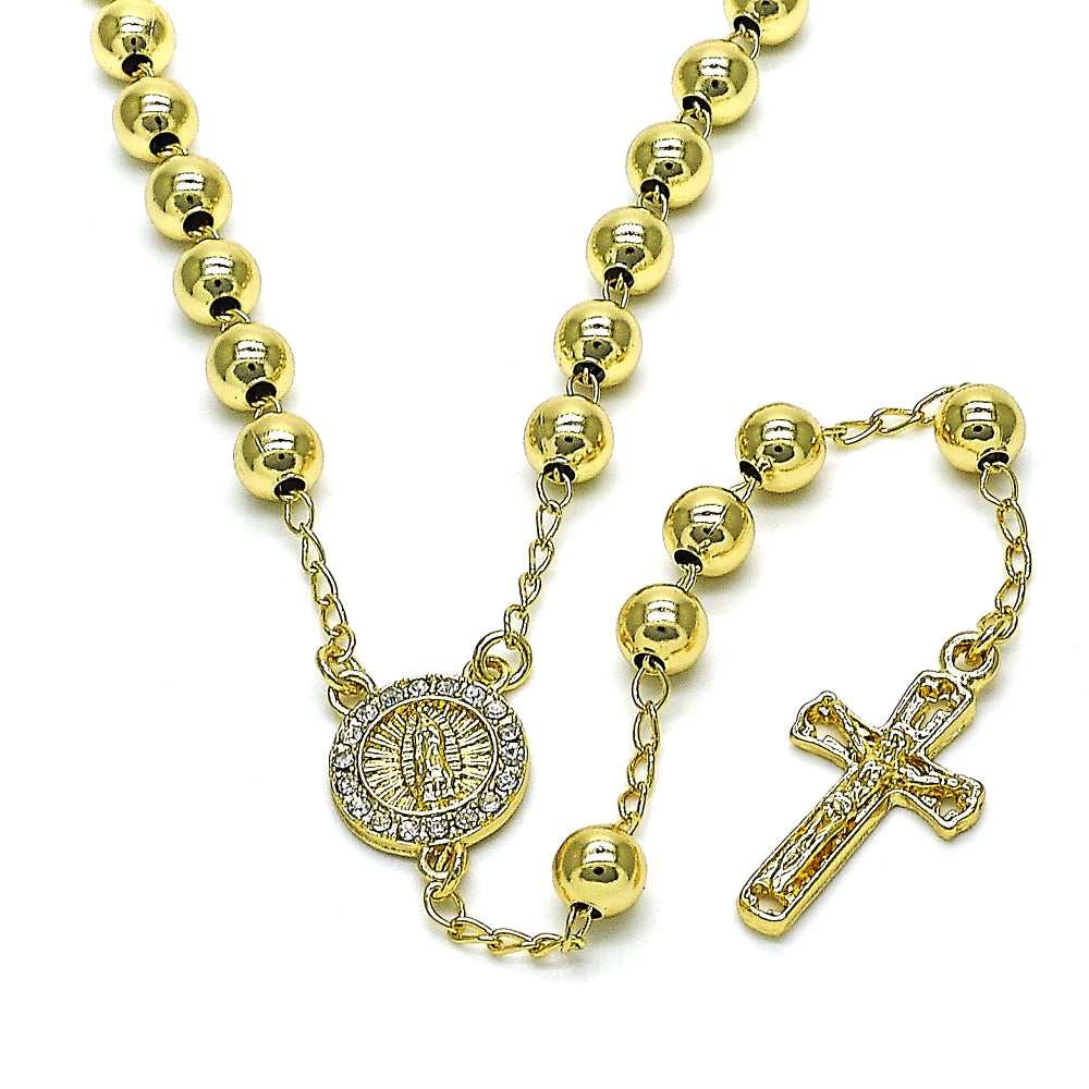 Oro Laminado Medium Rosary, Gold Filled Style Guadalupe and Crucifix Design, with White Crystal, Polished, Golden Finish
