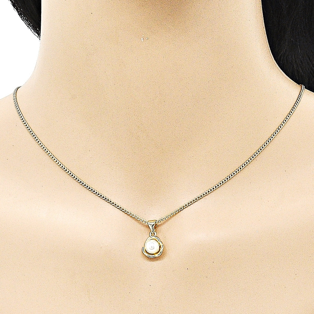 Oro Laminado Earring and Pendant Adult Set, Gold Filled Style Flower Design, with Ivory Pearl, Polished, Golden Finish